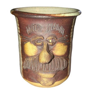 Vintage Ugly Mans Face Pottery Brown Speckled Glaze Artist Signed Handleless Mug